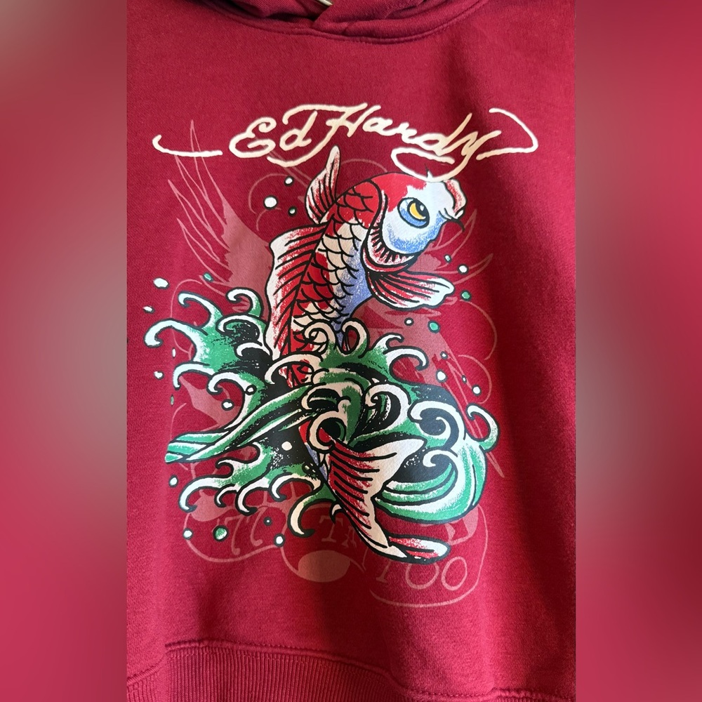 Ed Hardy Women's Cropped Retro Koi Fish hoodie in Burgundy/Maroon/Wine size L - Picture 3 of 11